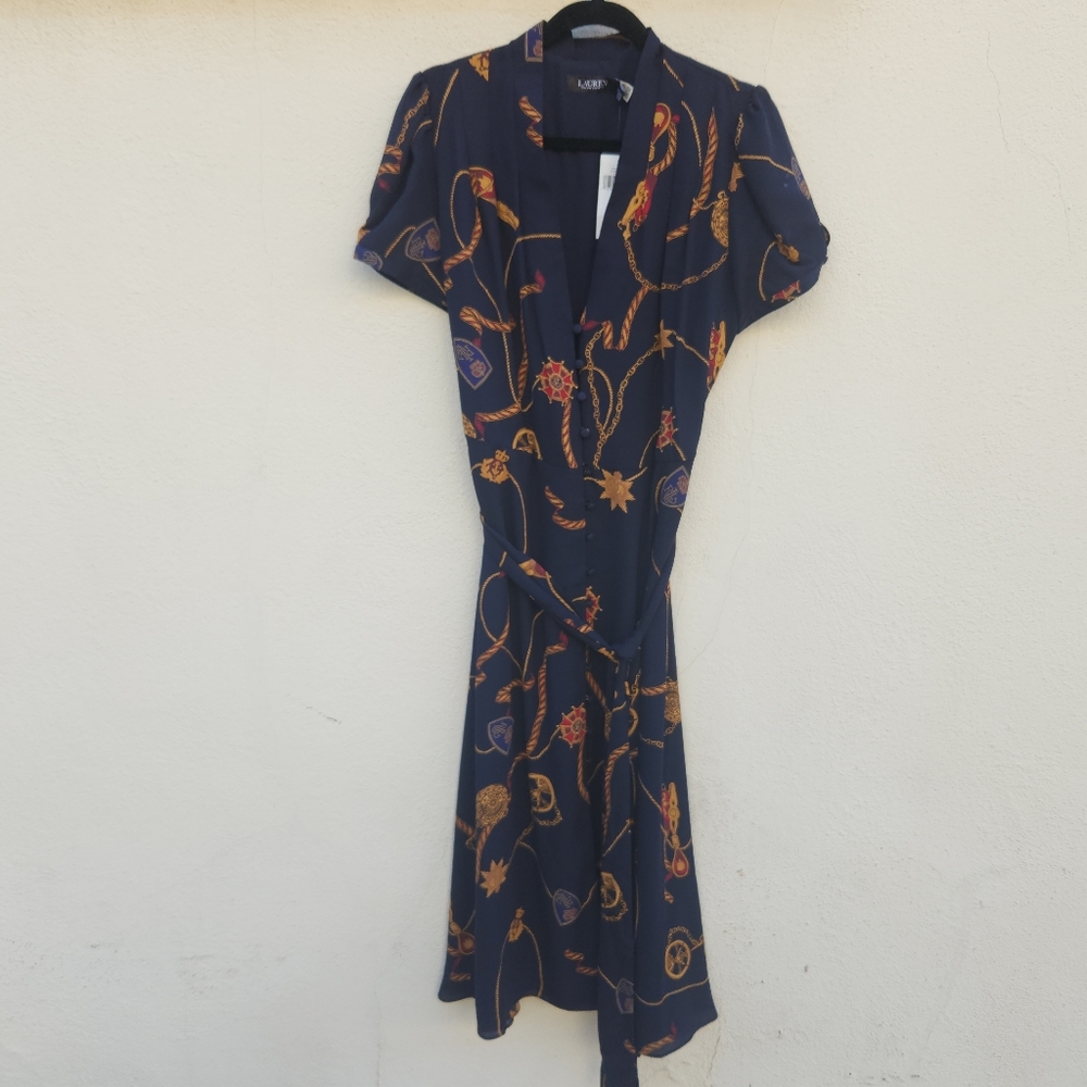NEW NWT Ralph Lauren Navy Nautical Equestrian Belted Georgette Puff-Sleeve Dress - Picture 10 of 10